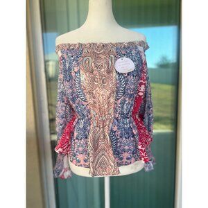 NWT  blue beige paisley-print multicolor off-the-shoulder a-line blouse MEDIUM